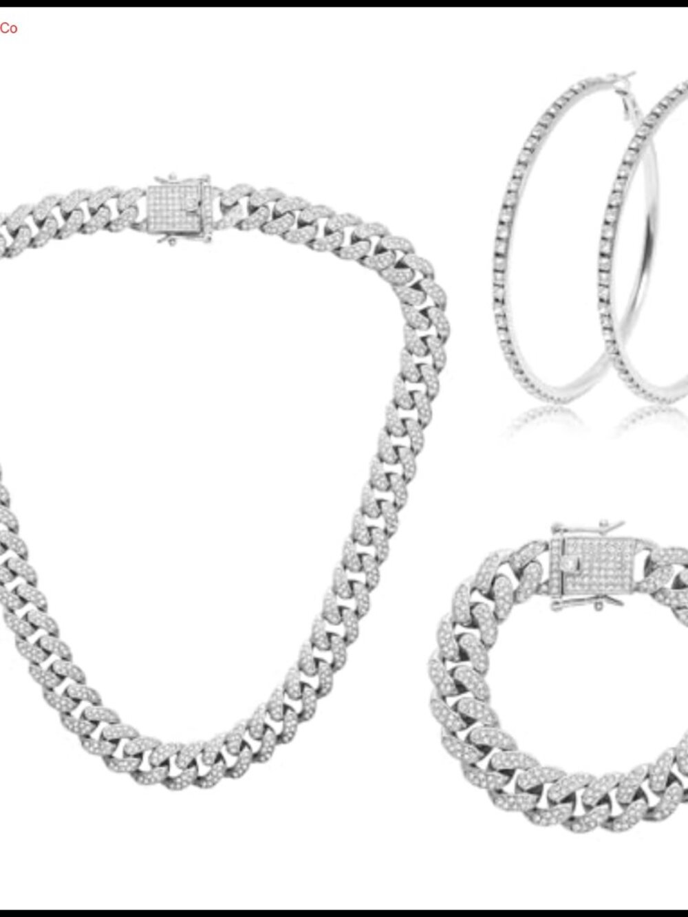 Cuban Link Necklace Bracelet & Hoop Earrings Set Zinc Alloy Crystal Women's